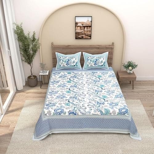 EasyGoods® Pure Cotton Ethnic Jaipuri Printed Double Bedsheet with 2 Pillow Covers | Soft & Breathable 240 TC Fabric | Traditional Rajasthani Design for Elegant Home Decor (Sky Blue)