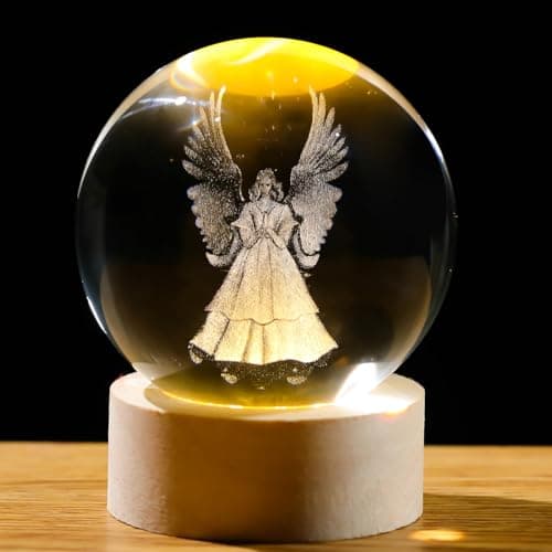 Arikyrist 60mm Crystal Guardian Angel Statue Decorative Ball Figurines with Wooden Base, Crystal Guardian Angel Gifts for Women, 3D Crystal Ball Angel Figurines Glass Paperweight Home Decor