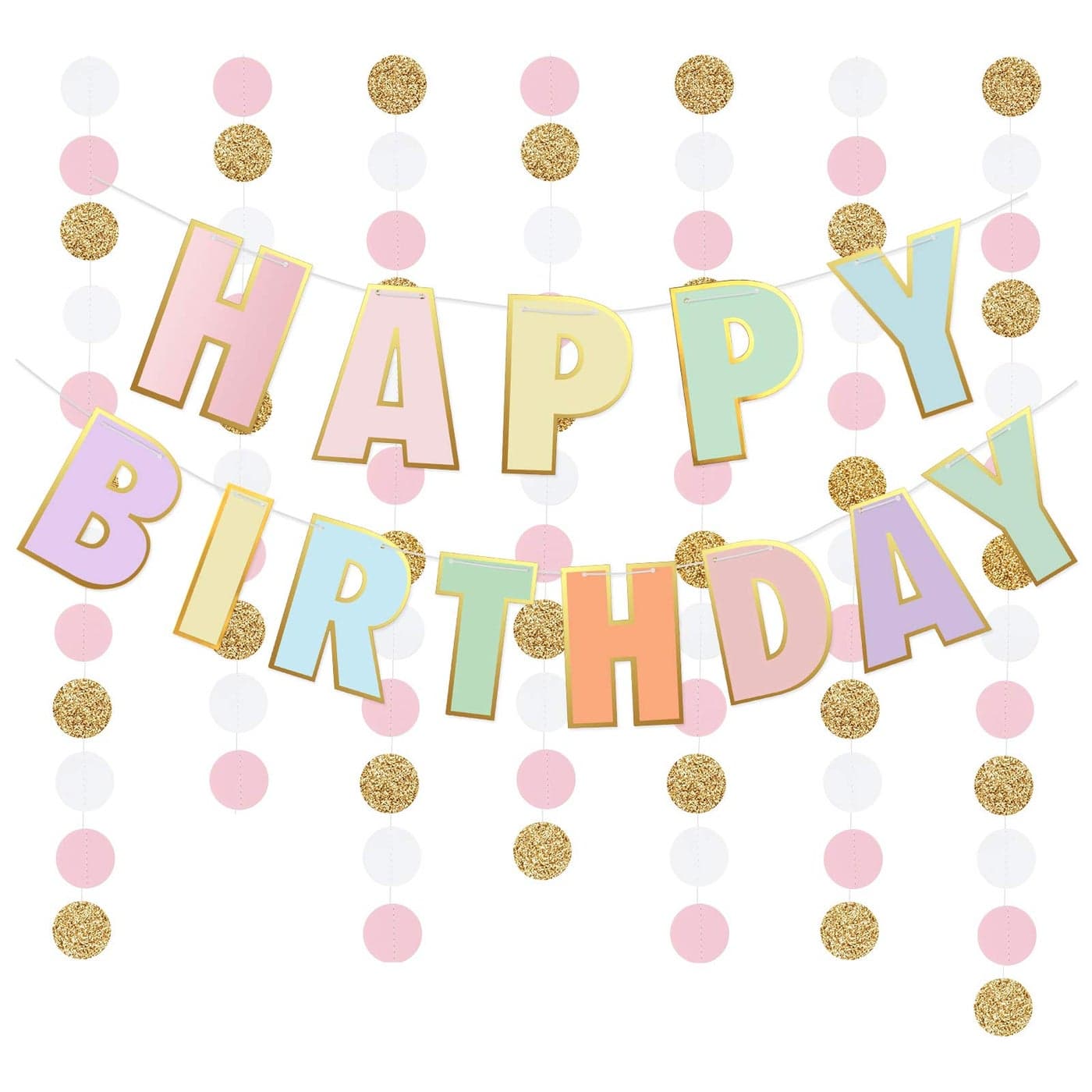 PreStrung Happy Birthday Banner and DecorationsGirls Toddler Birthday DecorationsHappy Birthday Banner and Dot Garland Pastel Colors