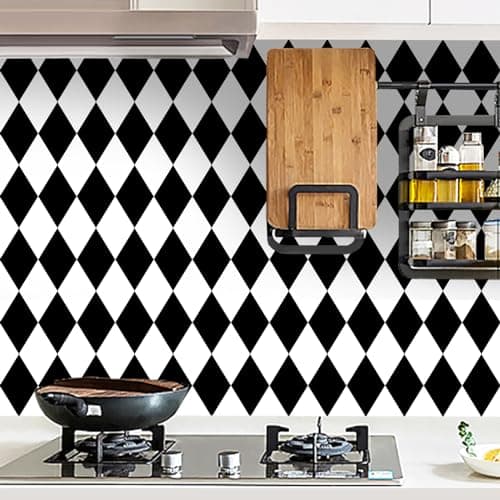 Qianglive Black and White Peel and Stick Wallpaper Diamond Wallpaper Rhombus Contact Paper 17.3"x120" Lattice Self Adhesive Waterproof Vinyl Roll for Bathroom Kitchen Backsplash Cabinets