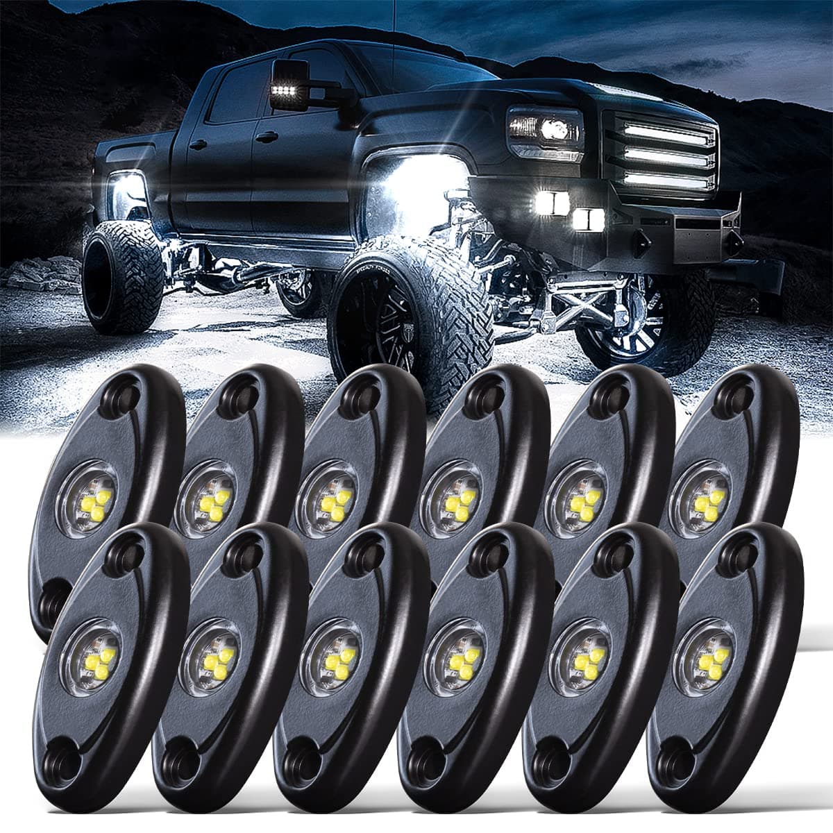 White Rock LightsLEDMIRCY High Power Underbody Pure White LED Rock Lights 12PCS for UTV Trucks Off Road ZRZ Auto Car Boat ATV SUV Waterproof High Power Neon Trail Rig Light Shockproof