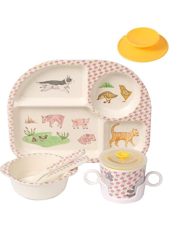 shopwithgreen 7Pcs/Set Bamboo Kids Dinnerware Set - Children Dishes - Food Plate Bowl Cup Spoon Fork Set Dishware, Cartoon Tableware, Dishwasher Safe Kids Healthy Mealtime, BPA Free