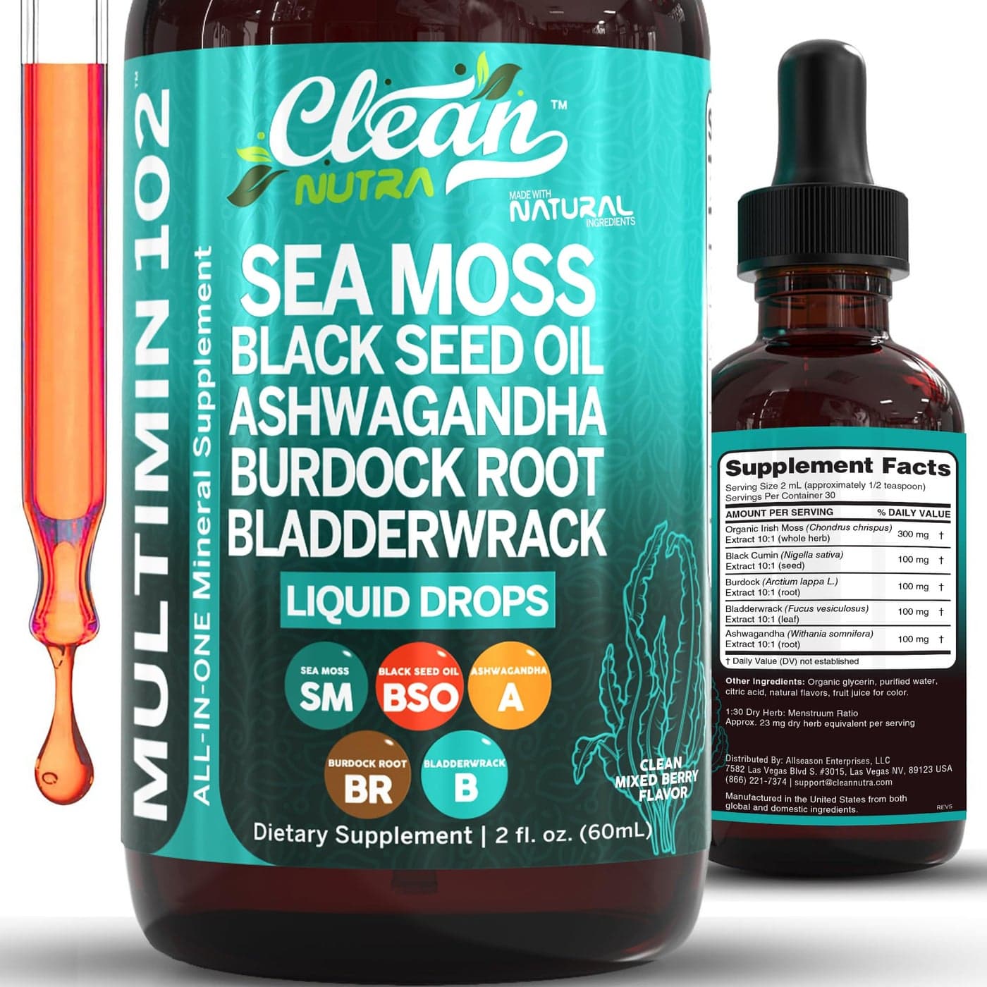 Clean Nutra Organic Sea Moss Drops Supplement Black Seed Oil Irish Seamoss Ashwagandha Burdock Root Bladderwrack Multimineral Liquid Vegan for Gut Heath Energy Skin Immune Support Hair