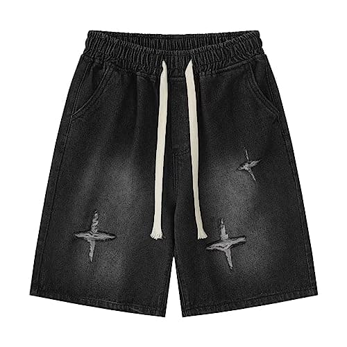 POHADON Y2K Blue Denim Shorts Summer Casual Loose Straight Leg Unisex Baggy Jeans Shorts Jorts Grunge Harajuku Streetwear (Black,2XL)