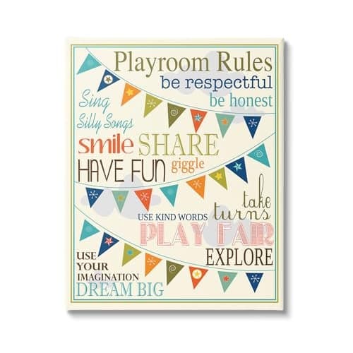 Stupell Industries 'Playroom Rules with Pennants in Blue ', Canvas Art, 16 x 20 Inches, Easy to Hang and Sturdy, Made in USA, by Karen Zukowski (Finny and Zook)