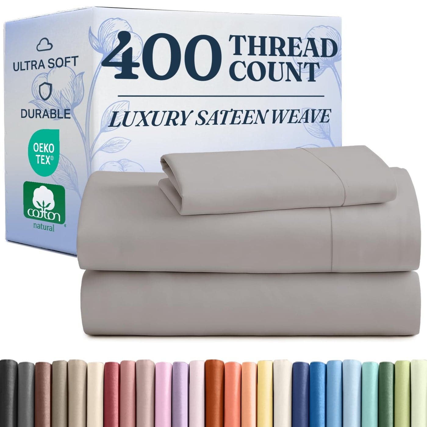 400 Thread Count Cotton Sheet Set Twin Size 100 Cotton Sheets Easily Fits 8 to 16 Mattress SilkySoft Wrinkle Free Breathable Comfy Deep Pockets Hotel Quality Bedding Set Light Grey