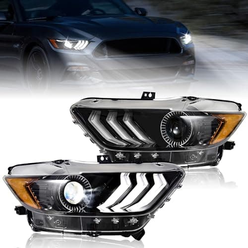 KEWISAUTO Headlight Assembly for Ford Mustang 2015-2017, Black Housing Clear Lens Headlamp Replacement for 2015 2016 2017 Ford Mustang (2PCS, Driver & Passenger Side)