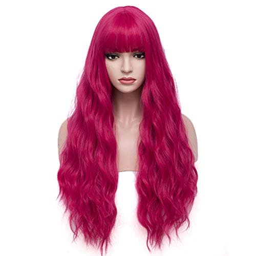 BERON 27 Inches Dark Pink Wig with Bangs Hot Pink Wig for Women Fluffy Wavy Heat Resistant Synthetic Wig (Hot Pink)