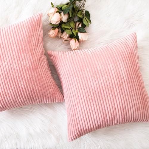 Home Brilliant Throw Pillow Covers Pink Couch Pillow Covers 18x18 Decoration Supersoft Striped Velvet Corduroy Decorative Pillowcases for Bedroom Girls Gift, 18 x 18 inch, Baby Pink