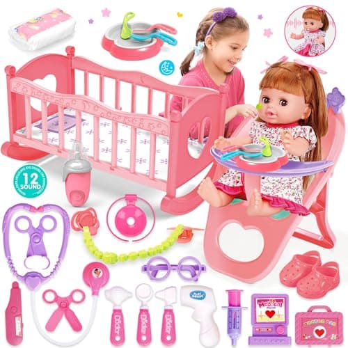 Baby Doll Toys Set 14 Doll Toys 25Pcs Dolls Care Toy Playset Toddlers Toy Dolls Set Incl Cradle Crib High Chair Milk Bottle Pacifier Diaper Baby Gift for Age 3 4 5 6 Years Old Girls Boys