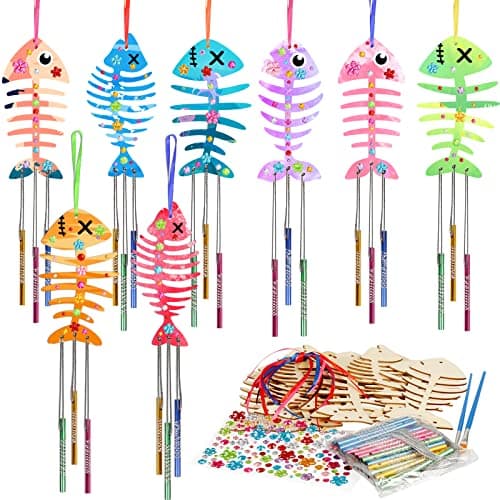 Fennoral 12 Pack Wind Chime Kit Spring Craft for Kids Wooden Arts and Crafts for Girls Boys Make Your Own Fish Fish Craft Ornaments DIY Coloring for Mothers Day Classroom Art Activities Birthday Party