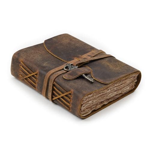 LEATHER VILLAGE Vintage Leather Journal – 200 Handmade Vintage Deckle Edge Paper – Leather bound Journal For Women Men – Vintage Key Closure - Book of Shadows - Cappuccino Brown - 10X7 inches