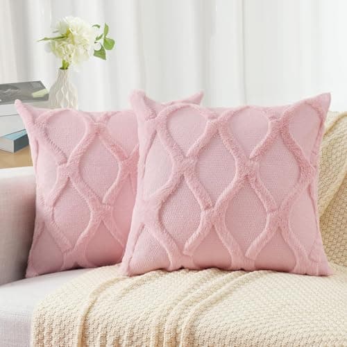 decorUhome Summer Throw Pillow Covers 18x18 Inch Set of 2 Soft Plush Faux Fur Wool Light Pink Accent Couch Pillow Covers for Modern Farmhouse Bed Sofa Living Room