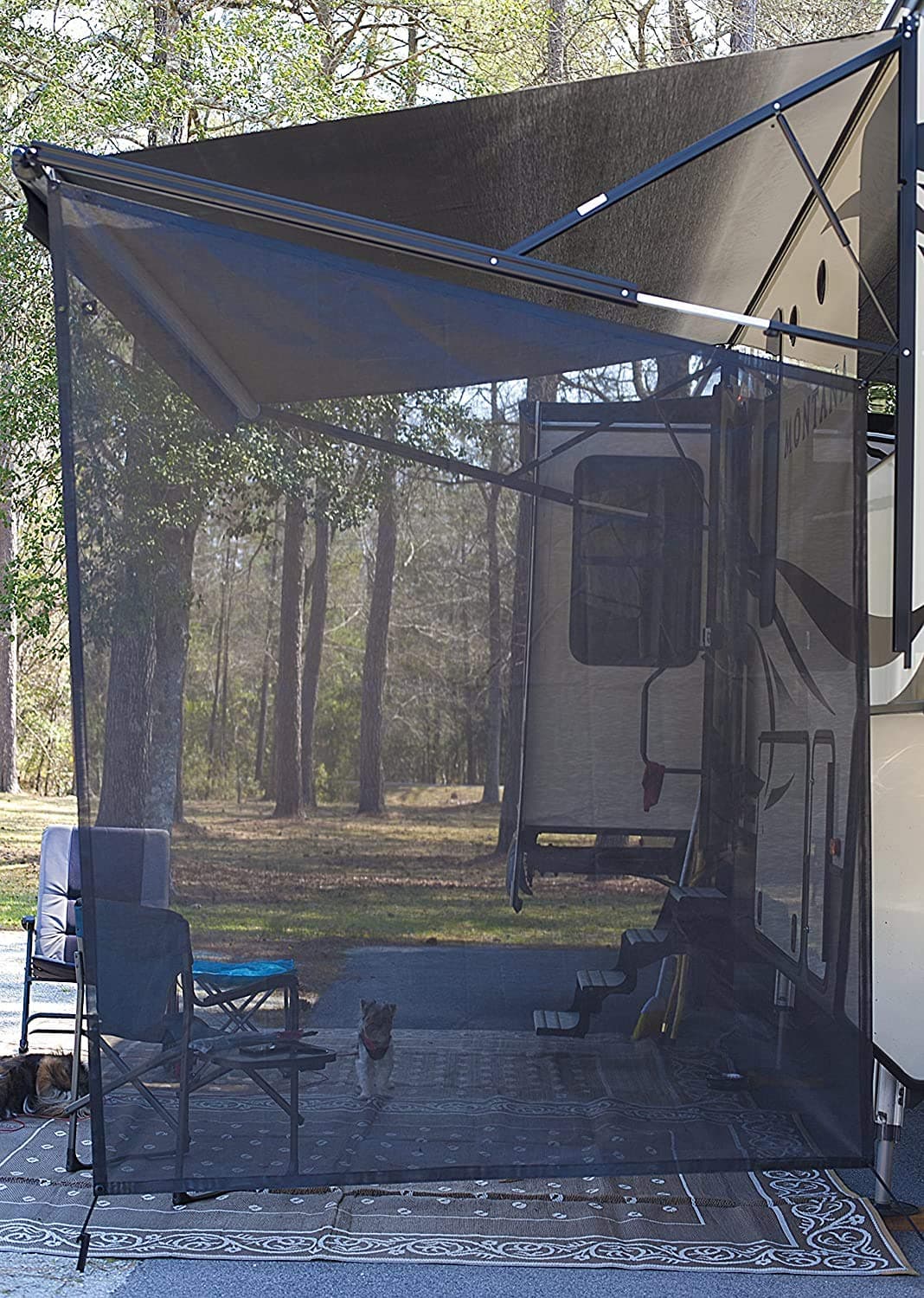 EXCELFU RV Awning Side Sun Shade Screen 9'X7', Black Mesh Screen RV Awning Side Shade Camping Trailer Canopy UV Sun Blocker Complete Kits
