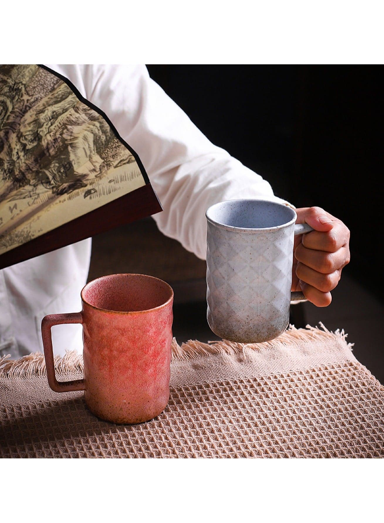 Special-Shaped Mugs, Retro Ceramic Cups, Irregular Cups, Stoneware Water Cups, High-Value Coffee Cups(Diamond Cup 330ml-Dark Green)