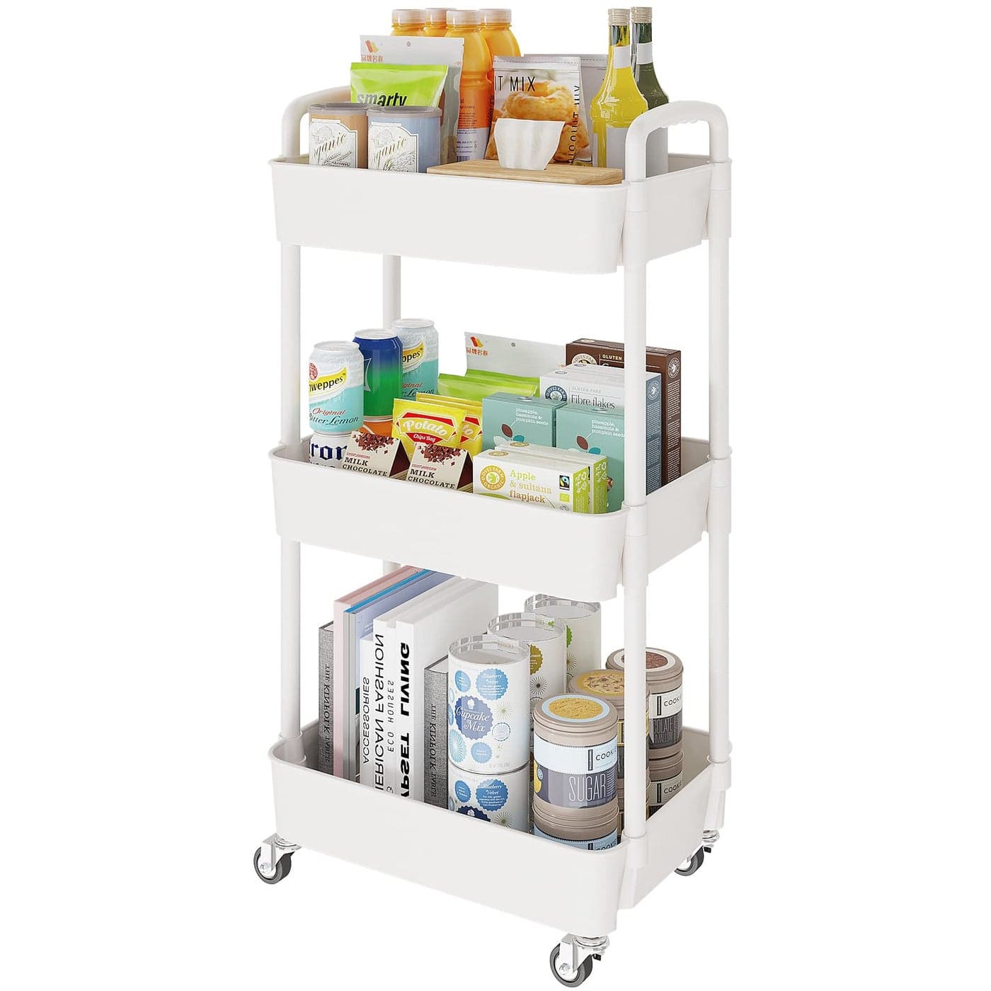 Laiensia 3Tier Rolling Cart with WheelsMultifunction Utility Storage carts Kitchen Storage OrganizerMobile Shelving Unit for BathroomLaundrywith Classified StickersWhite