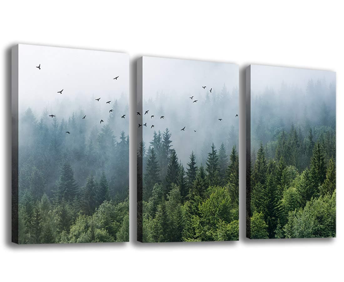 Green Forest Wall Art Tropical Forest Mountain Bird Contemporary Canvas Pictures Modern Artwork Framed for Bathroom Bedroom Nursery Living Room Home Office Kitchen Wall Decor 16" x 24" 3 Pieces
