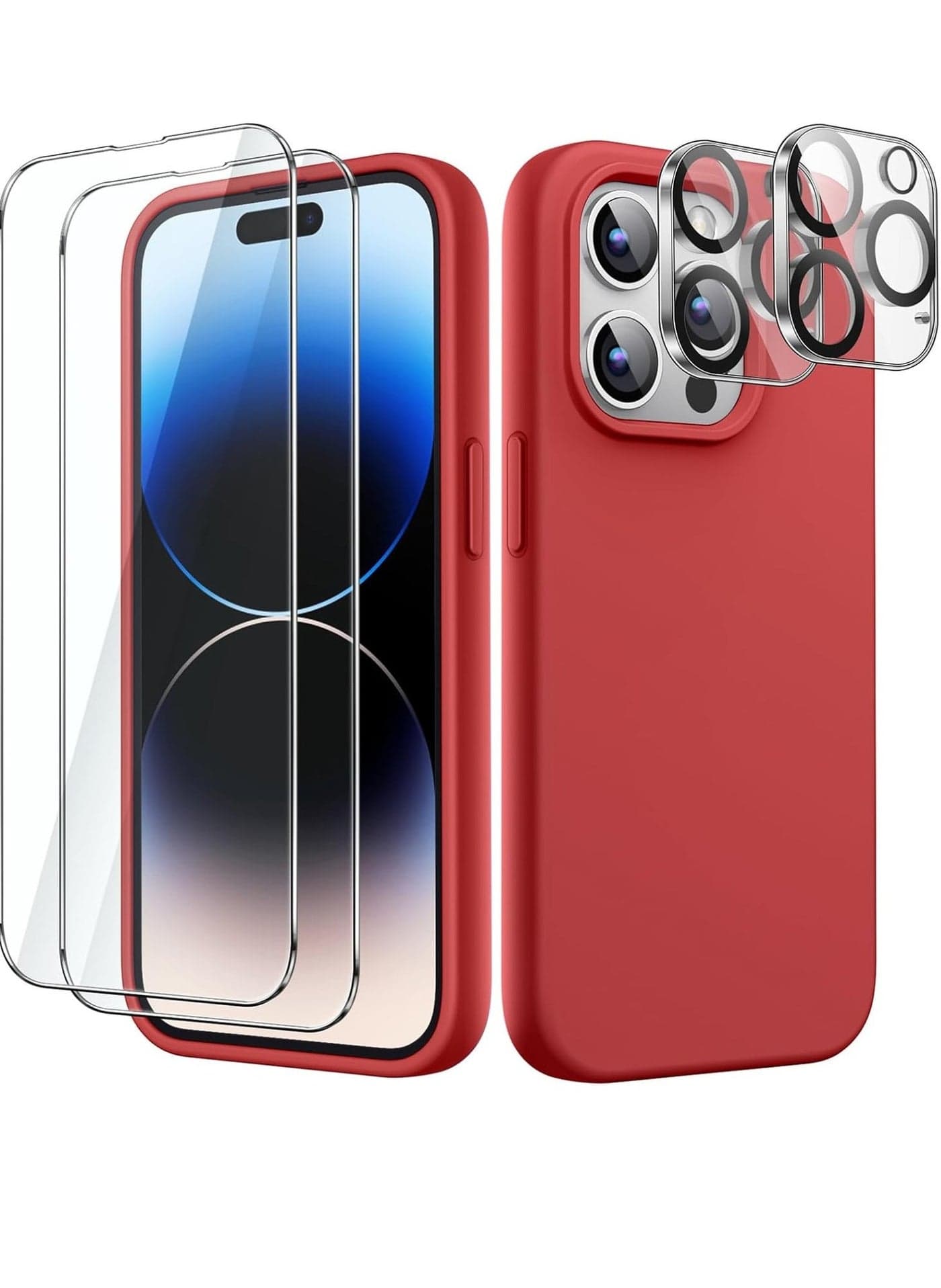 "5-in-1 iPhone 14 Pro Max (6.7-Inch) Red Silicone Case - With 2 Screen Protectors & 2 Camera Lens Protectors"