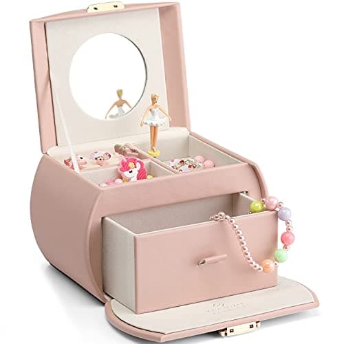 VLANDO Kids Musical Jewelry Box for Girls with Drawer Music Box with Ballerina and Stickers for Birthday Bedroom Decor Valentines Day Gifts for Daughter Girls Kids Pink