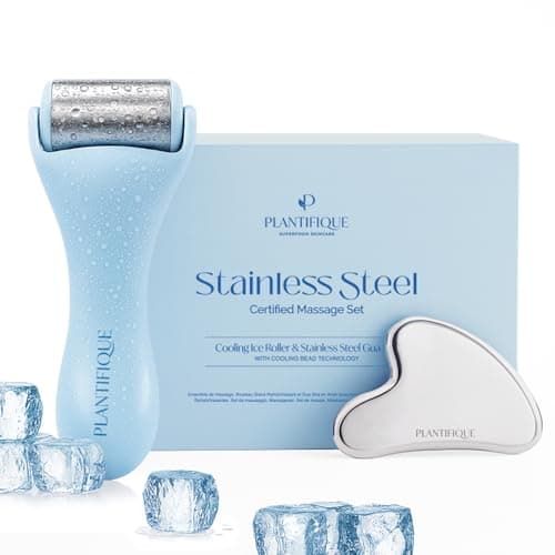 PLANTIFIQUE Stainless Steel Gua Sha and Ice Roller for Face Body Cooling Facial Tool Set to Reduce Puffiness Improve Lymphatic Drainage Soothe Skin