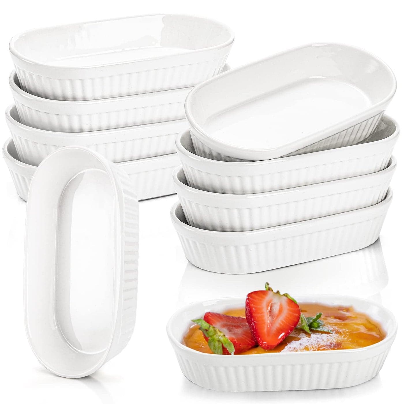 Foraineam 10 Pack White Ramekins Porcelain Souffle Dishes Oval Crme Brule Ramekins for Baking 6 Ounce Dessert Bowls Set for Souffl Pudding Quiche Snack Custard Dishwasher and Oven Safe