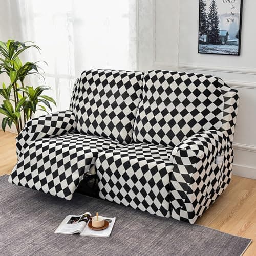 House of Quirk Polyester Recliner 6 Pieces Loveseat Covers Stretch Reclining Couch Covers For 2 Seats Reclining Sofa Slipcovers Furniture Protector - Black/White Diamond