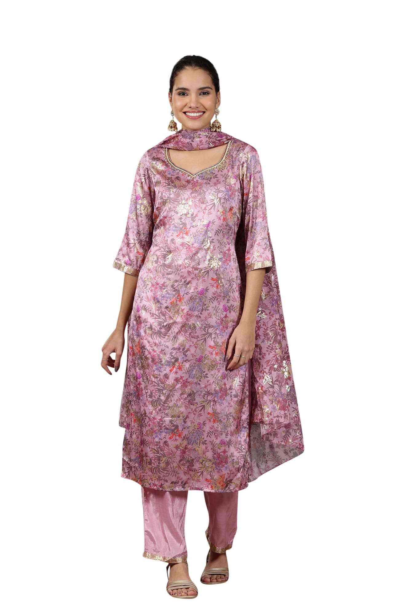 Aurelia Women’s Floral Printed Straight Kurta Set with Palazzos and Dupatta for Women