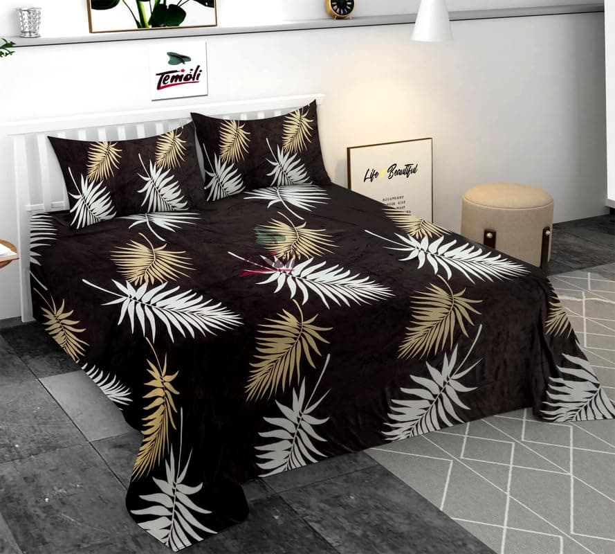 Temoli Premium Warm Flannel Velvet Flat Bedsheet King Size 90" x 100" with 2 Pillow Covers – Soft Winter Bedsheet for Double Bed, Leaf Brown Design