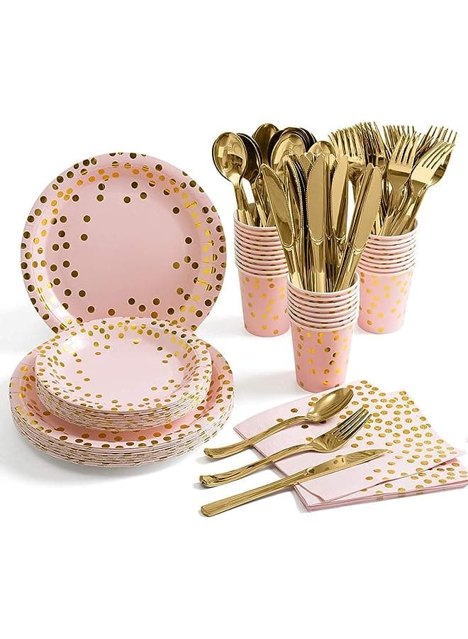 Pink and Rose Gold Party Supplies, Party Tableware Forks Knives Spoons Paper Plates Napkins Cups Disposable Dinnerware Set Weddings Anniversary Birthday Baby Shower, Serves 25