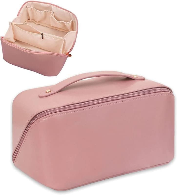 GYANVI Travel Makeup Bag Large Capacity Cosmetic Bags for Women Girl PU Leather Portable Multifunctional Storage Makeup Bag with Handle and Divider Pink