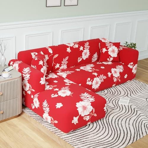 Lukzer Polyester Blend L-Shaped Sofa Cover For Living Room Furniture Flexible Slipcover For Couches And More (Left Hand Side, Red Flower)