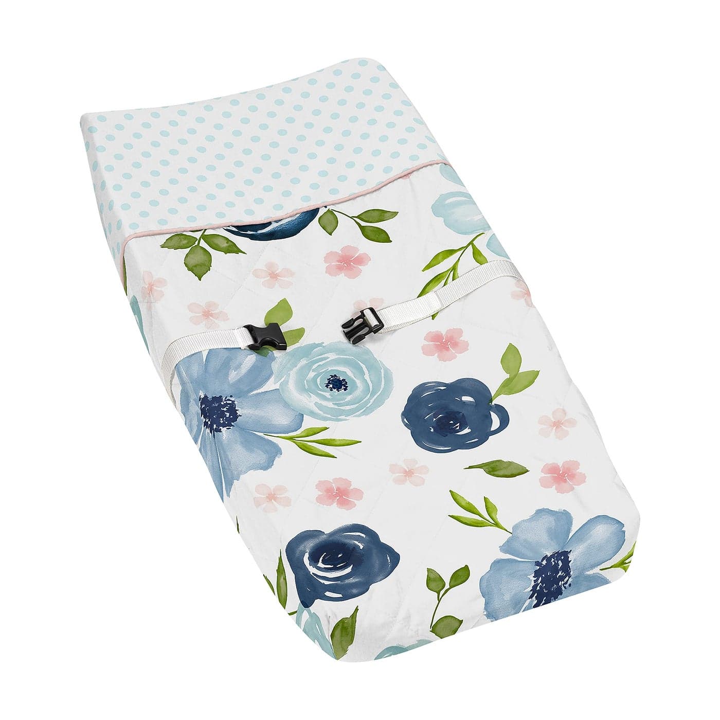 Sweet Jojo Designs Navy Blue and Pink Watercolor Floral Girl Baby Nursery Changing Pad Cover Blush Green and White Shabby Chic Rose Flower Polka Dot