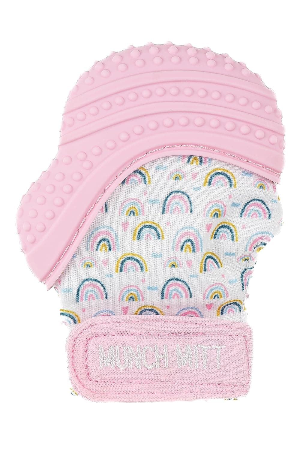 Malarkey Kids Patented Teething Mitten Munch Mitt Baby Chew Toy Protects Hands from Chewing Saliva Heals Aching Gums Promotes Sound Visual Stimulation for Babies Pink Rainbow