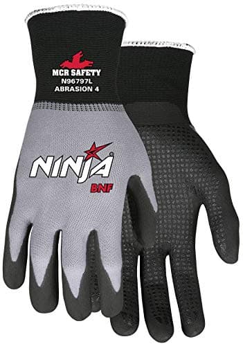 MCR Safety Gloves N96797XXL Ninja BNF 15 Gauge Nylon Spandex Shell, NFT Coated Palm & Fingertips with Grip Dots, XX-Large, Black/Gray