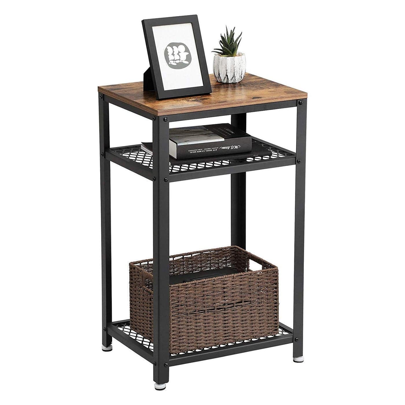 Indian Decor 457907 Space Saving Industrial Side Table End Telephone Table with 2Tier Mesh Shelves for Office Hallway or Living Room Wood Look Accent Furniture with Metal Frame
