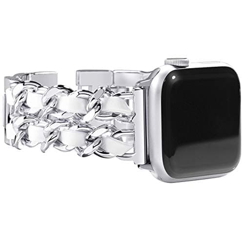 NewWays for Apple Watch Band Series 10 46mm 45mm 44mm 42mm Series3 4 5 6 7 8 9 Ultra 49mm, Jewelry Bracelet for iWatch Band for Women, Silver Link with White Leather