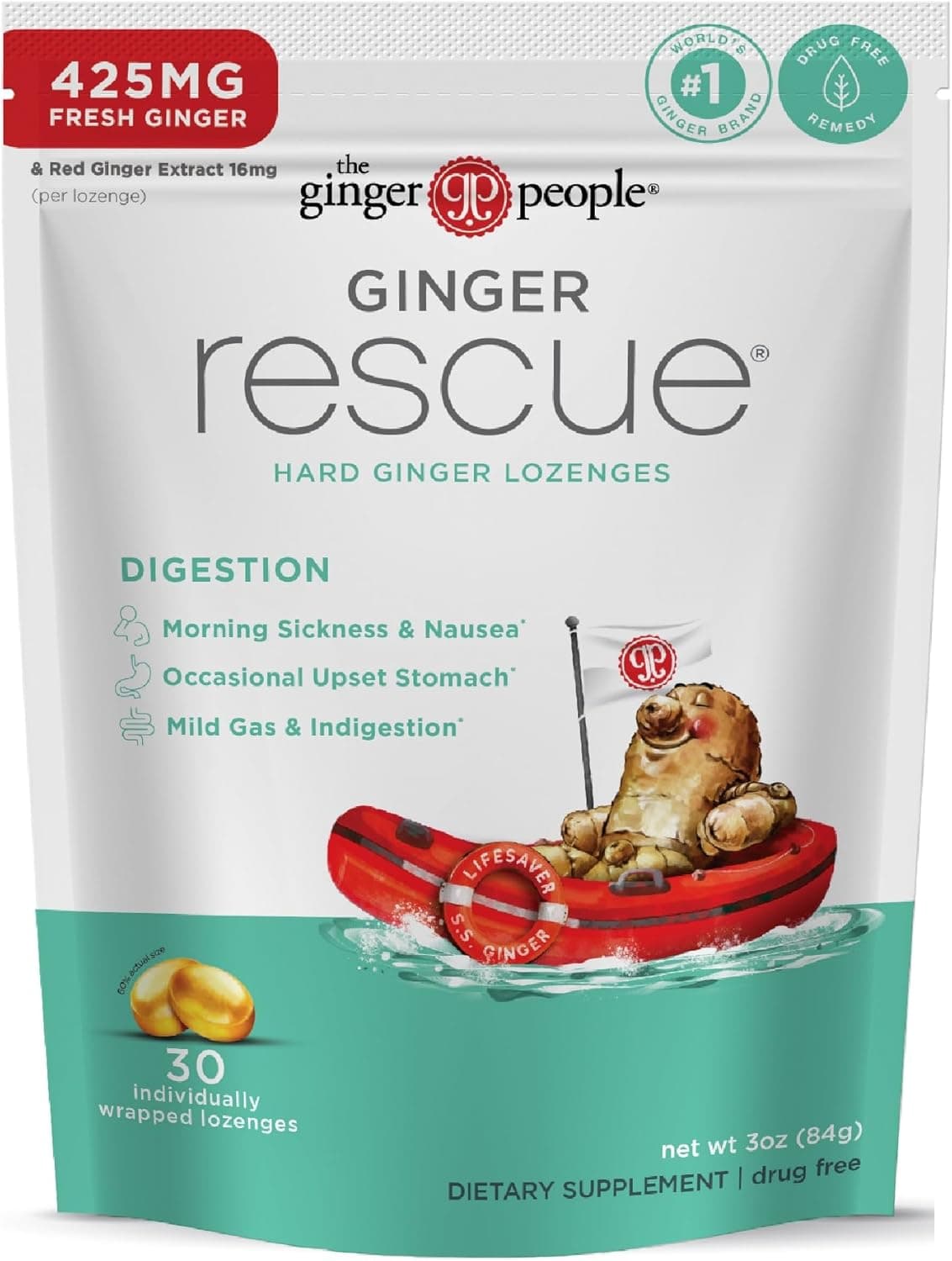The Ginger People Ginger Rescue Digestive Wellness Lozenges Hard Regular Strength 425mg Morning Sickness Nausea Upset Stomach Mild Gas Indigestion 30 Count Pack of 1