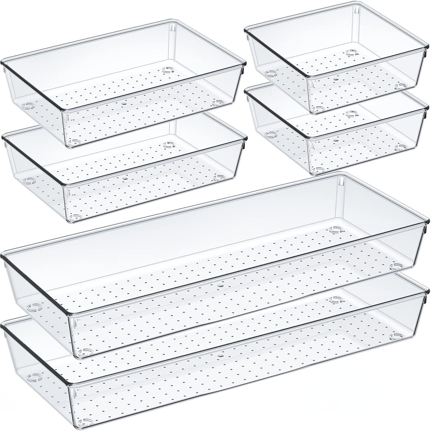 Criusia 6 Pcs Large Size Clear Drawer Organizer Set Acrylic Non Slip Non Cracking Kitchen Drawer Storage Tray Divider Multifunctional Storage for Cosmetics Bathroom Tools Kitchen and Office