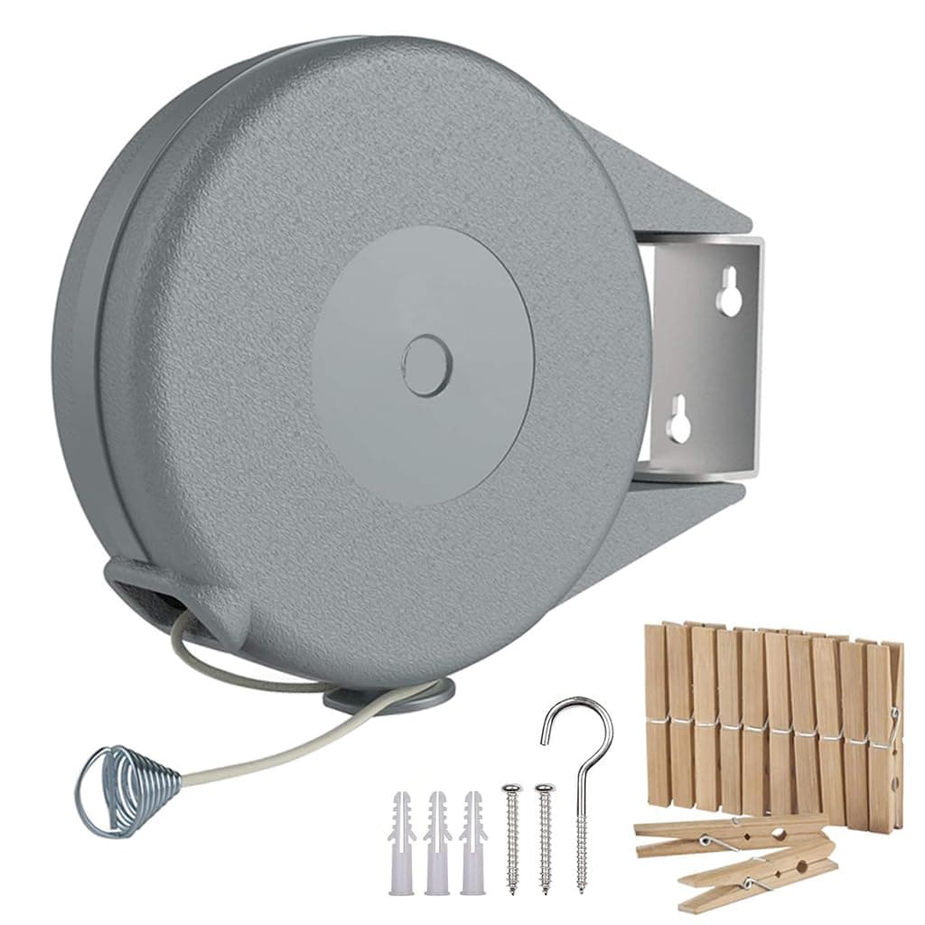 HASTHIP Retractable Clothesline 30lbs Portable Heavy Duty Indoor and Outdoor Washing Line 39 Feet PVC Retracting Clothes Line with Wooden Clamp Wire Clothesline Outdoor Clothesline Grey