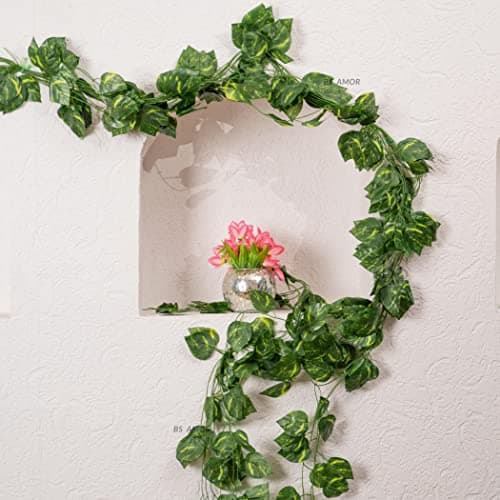BS AMOR Artificial Creeper Money Plant Leaf Garland | Wall Hanging | Speacial Ocassion Decoration | Home Decor Party | Office Festival Theme Decorative Length 6 Feet Pack Strings (8) (10)