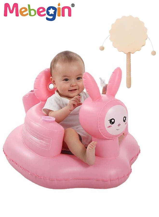 Inflatable Baby Seat with Drum-shaped Rattle, Durable Baby Feeding Chair with Bunny Pattern and Wrap-around Design, Blow Up Baby Chair with Built in Air Pump, Multi-functional Infant Floor Seats for Sitting Up, Feeding, Camping or Bathing