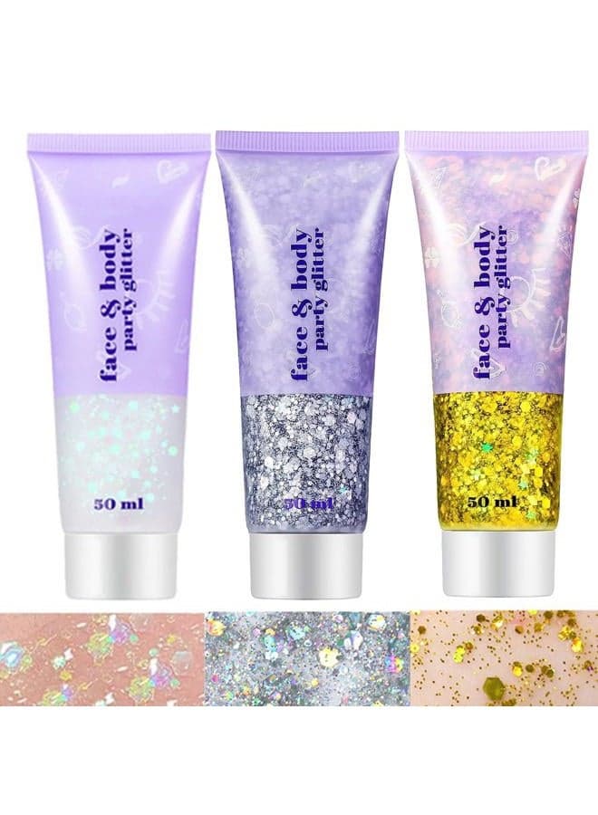 White Silver and Gold Face Body Glitter Gel,Holographic Long Lasting Chunky Sequins Glitter Makeup for Singer Concerts,Parties,Performances,Stages,Festival Rave Accessories