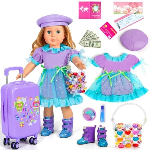 WONDOLL 18inchDollClothes and Accessories TravelSuitcase Luggage Clothes and Shoes Handbag BeretsPassport Notebook Travel Gear Play SetsNo Doll