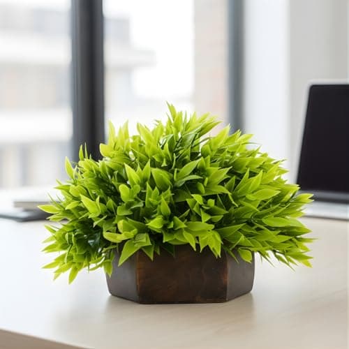 fancymart Artificial Green Leaves Plant in Wood Hexagon Pot - 18cm Height - Home & Office Decor Elegant Potted Plant for Tabletop Enhancement