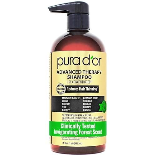 PURA DOR Advanced Therapy Shampoo Reduces Hair Thinning Increases Volume No SLS Biotin Shampoo Infused wArgan Oil Aloe Vera for All Hair Types Men Women Invigorating Forest Scent 16 Fl Oz