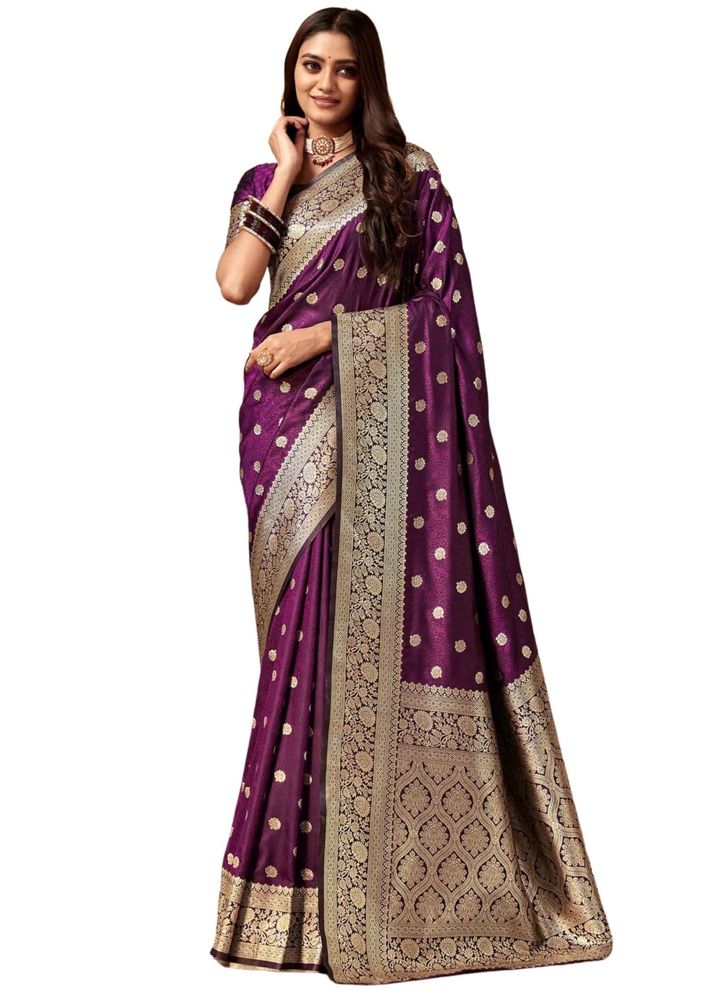 C J Enterprise Women's Banarasi Saree Pure Kanjivaram Silk Saree Soft Design Wear Pattu Sarees Latest Cotton With Blouse Piece Kanchipuram for Wedding sadi new ladies 2025 (Pari 121) (Purple)