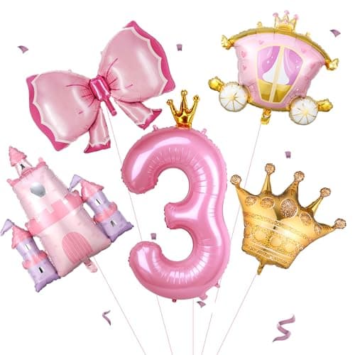 Princess Birthday Decoration Castle Carriage Balloons Kit with 40Inch Number 3 Balloons Crown Bowknot Balloons for Girls 3rd Princess Theme Baby Shower Birthday Favor number 3 set