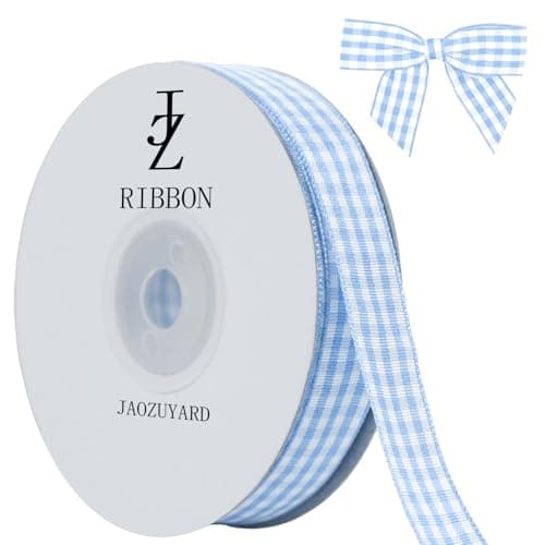 JaoZuyard Light Blue Gingham Ribbon 58 inch X 25 Yards Plaid Ribbon Polyester Woven Edge Flower Fabric for Wedding Invitations Bridal Bouquets Party Decoration Gift Wrapping Bow Making Ribbons