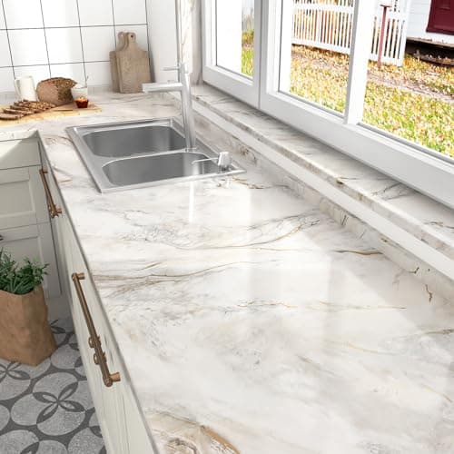 Wallercity BeigeGold Glossy Marble Contact Paper for Countertops Peel and Stick Marble Wallpaper Bathroom Kitchen Vinyl Waterproof Shiny Granite Wall Paper for Cabinet Countertop Table Top 24x118