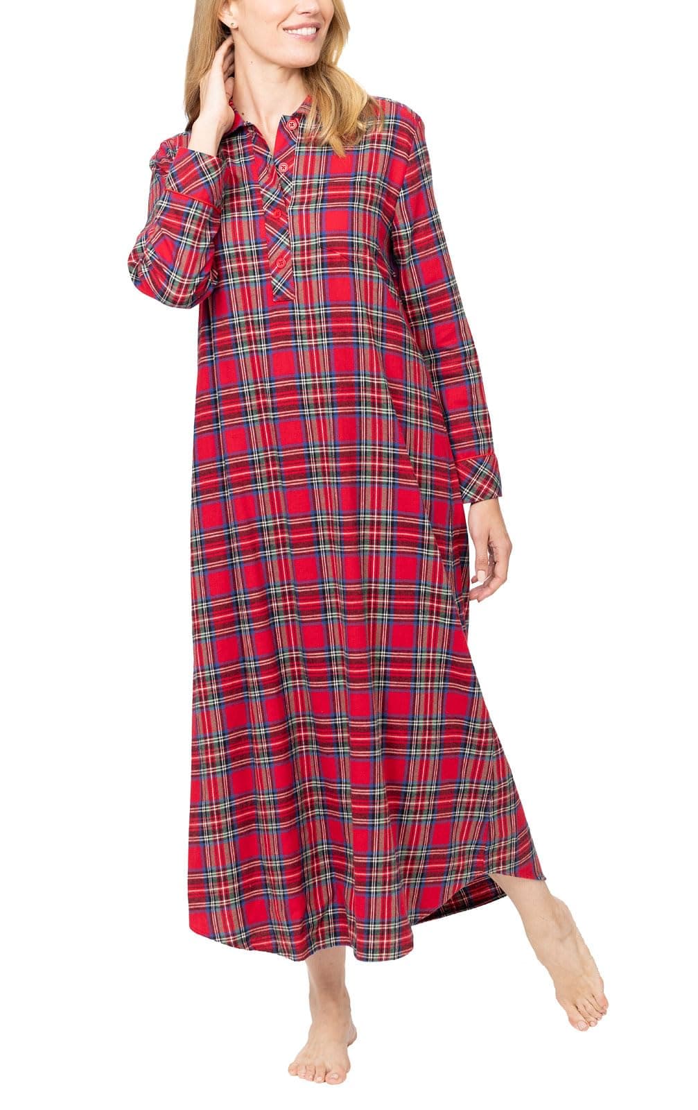PajamaGram Flannel Nightgown - Women Nightgown, Red Stewart Plaid, XS